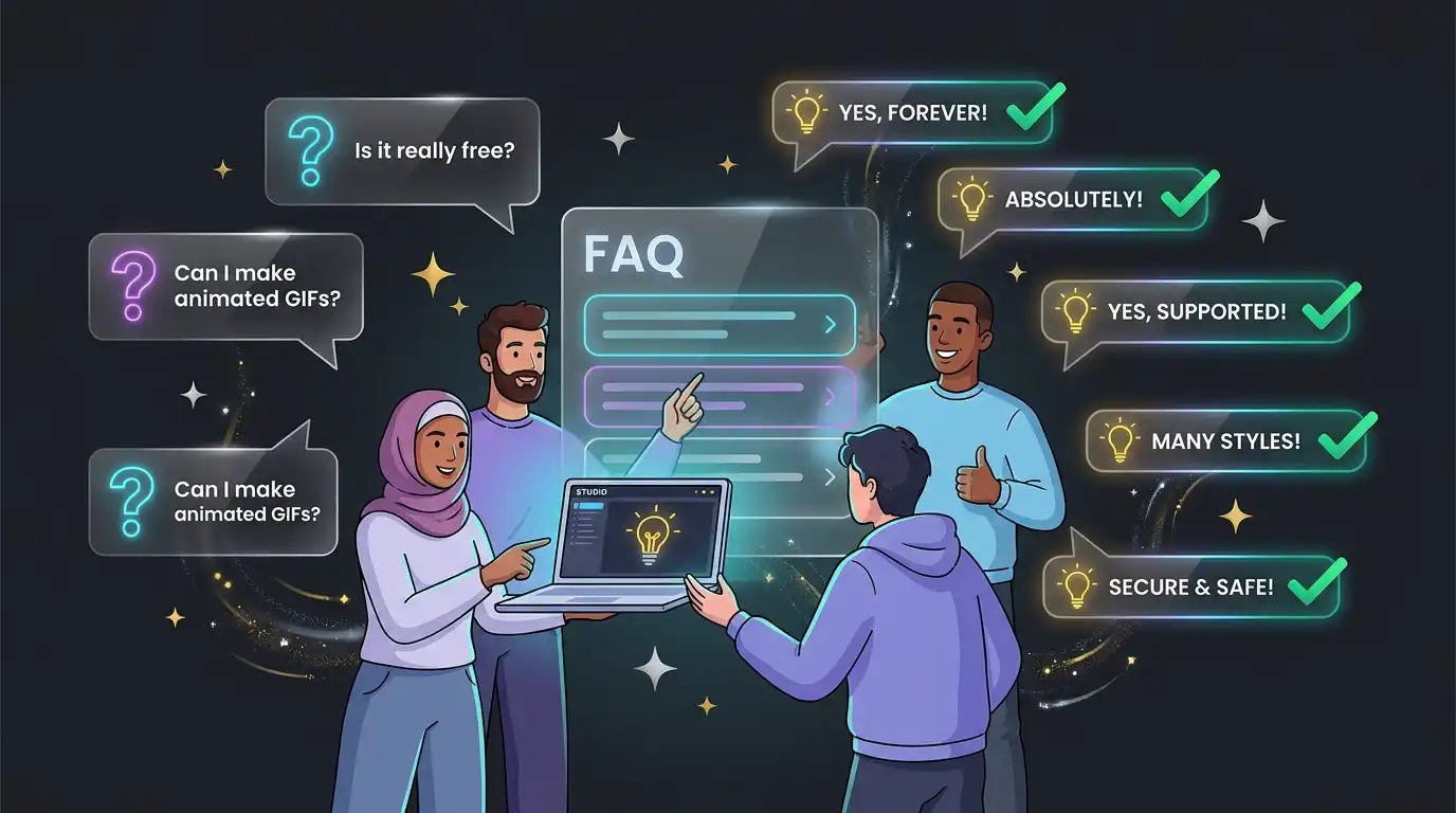 Frequently asked questions section illustration for the glitter text tool