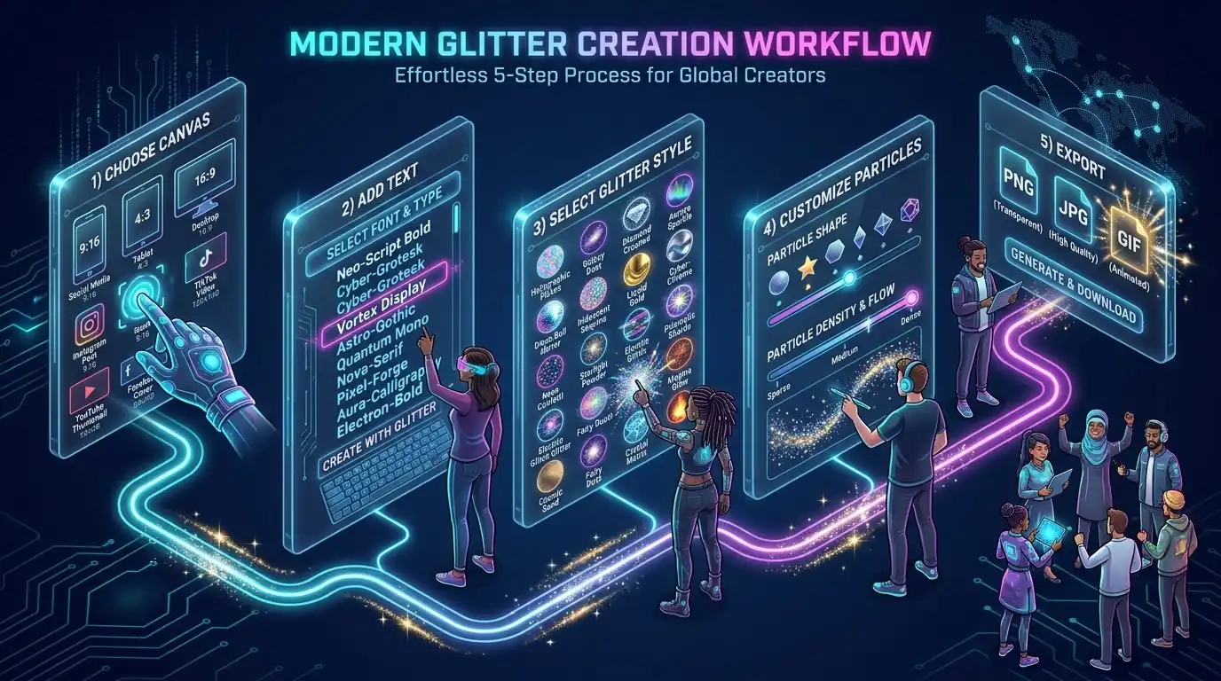 Step-by-step visual guide on how to create glitter text online