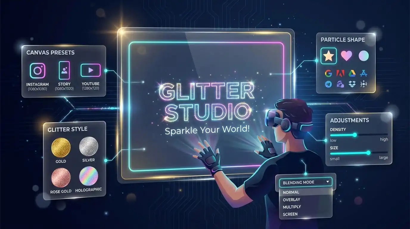 Glitter Studio interface with controls for text, fonts, and particle shapes