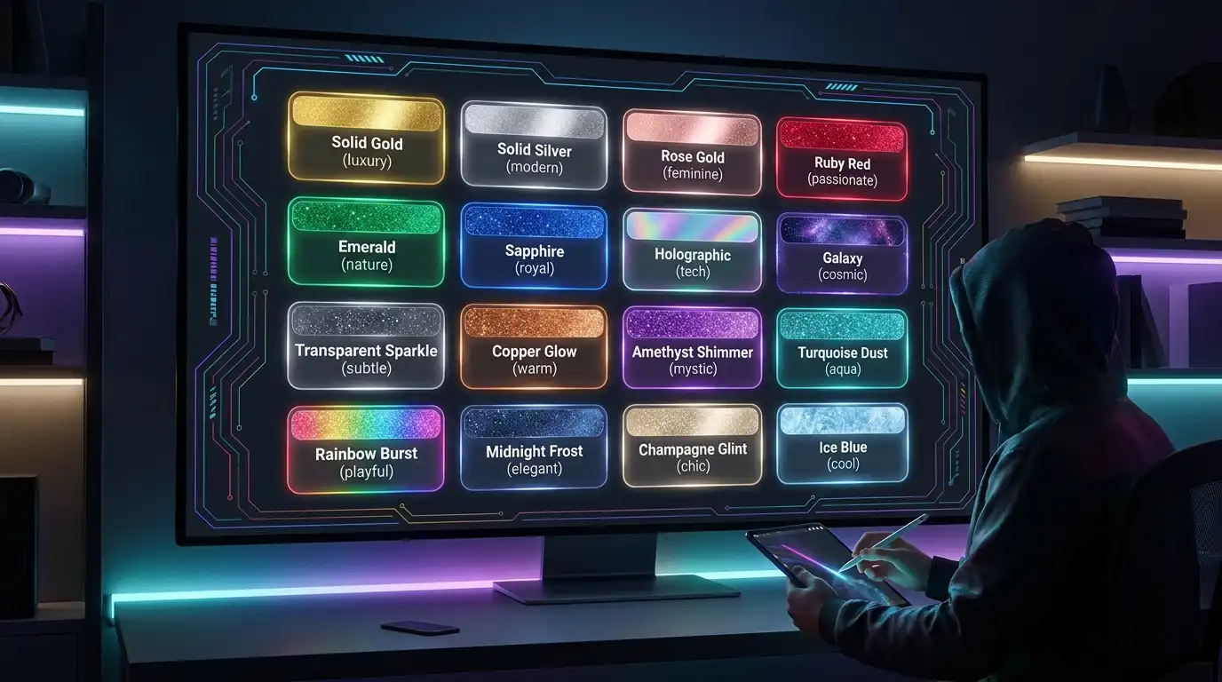 Showcase of various glitter styles like gold, silver, holographic, and galaxy