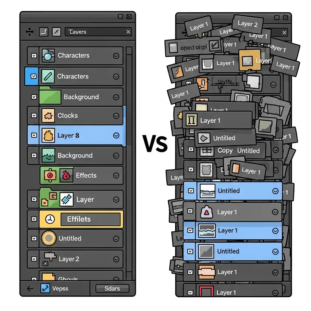 Organized layer stack with groups and color coding
